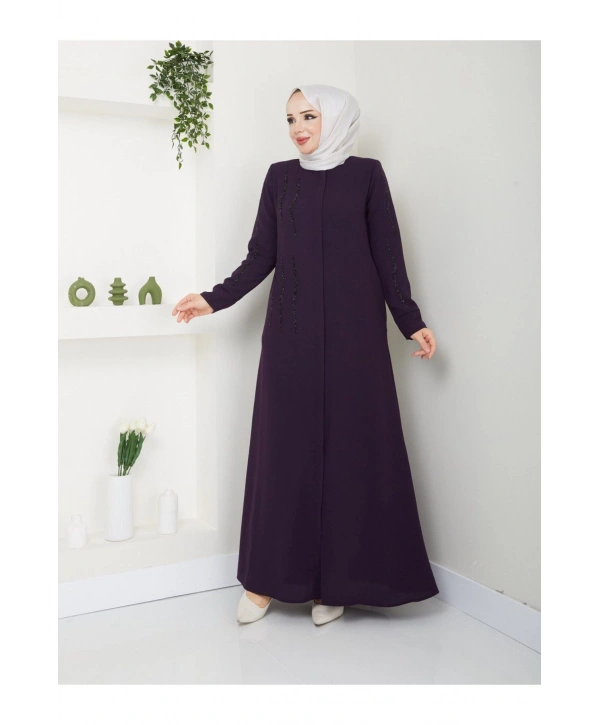 Ön ve Kol Taş Detaylı Büyük Beden Ferace