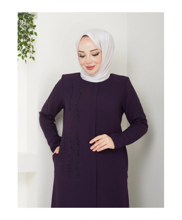 Ön ve Kol Taş Detaylı Büyük Beden Ferace