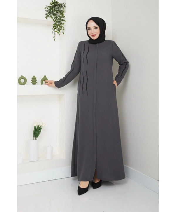 Ön ve Kol Taş Detaylı Büyük Beden Ferace