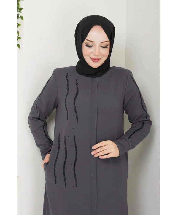 Ön ve Kol Taş Detaylı Büyük Beden Ferace
