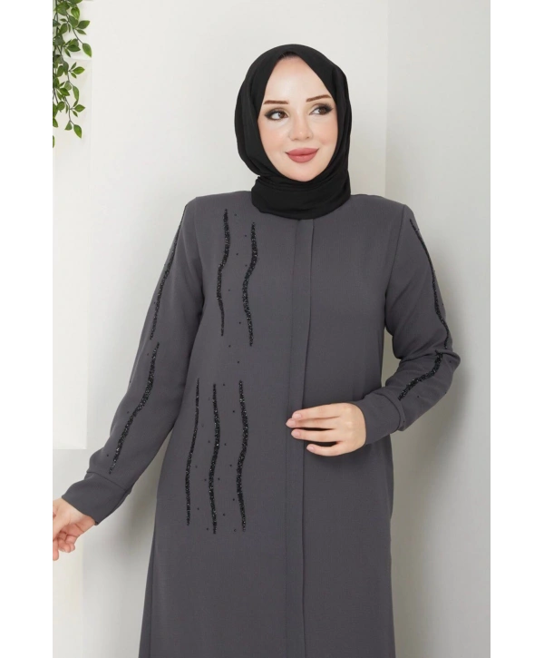 Ön ve Kol Taş Detaylı Büyük Beden Ferace