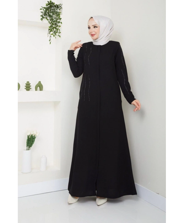 Ön ve Kol Taş Detaylı Büyük Beden Ferace