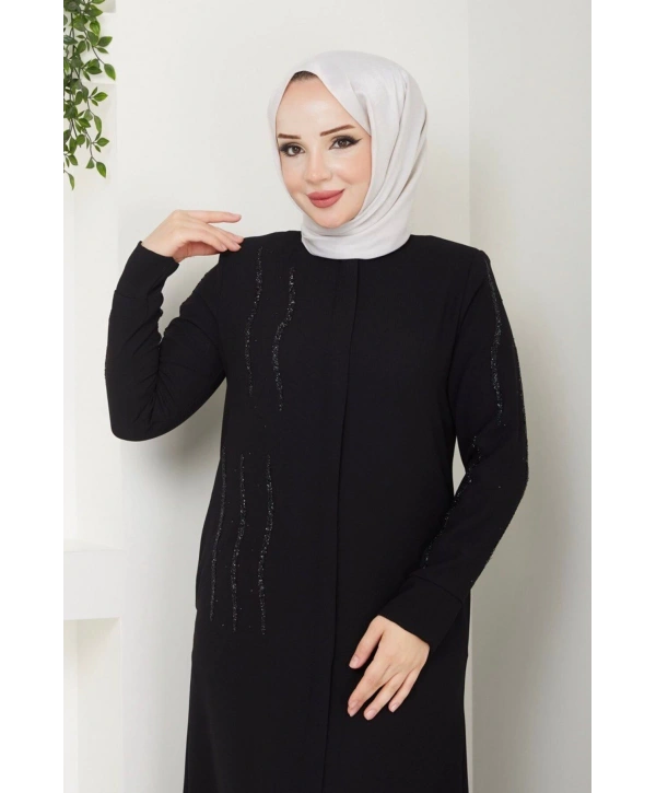 Ön ve Kol Taş Detaylı Büyük Beden Ferace