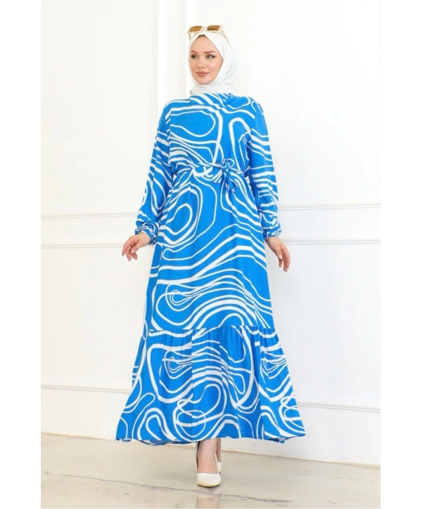 Çizgi Desenli Viskon Elbise - Mavi