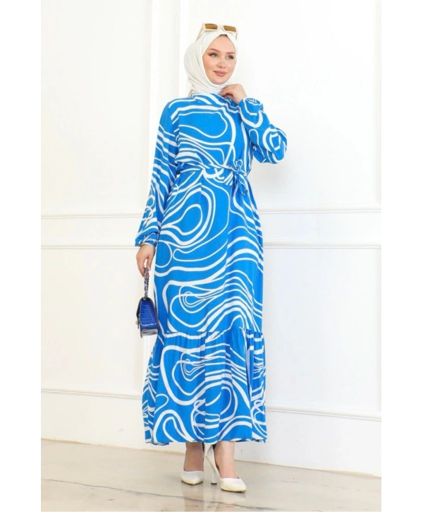 Çizgi Desenli Viskon Elbise - Mavi