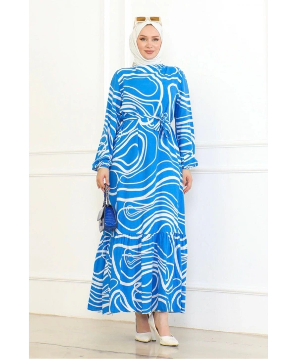 Çizgi Desenli Viskon Elbise - Mavi