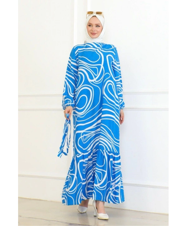 Çizgi Desenli Viskon Elbise - Mavi