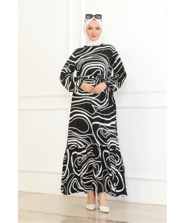 Çizgi Desenli Viskon Elbise - Siyah