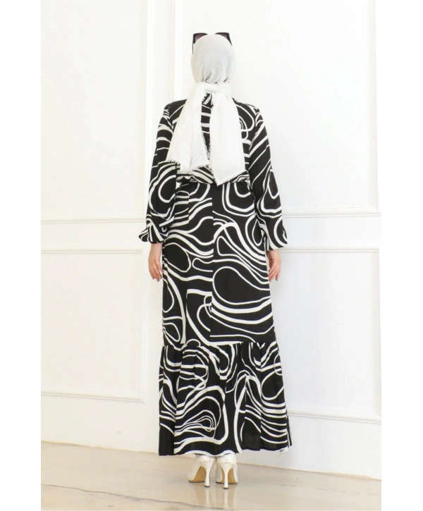 Çizgi Desenli Viskon Elbise - Siyah