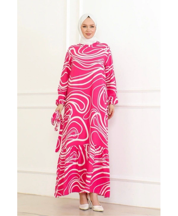 Çizgi Desenli Viskon Elbise - Pembe