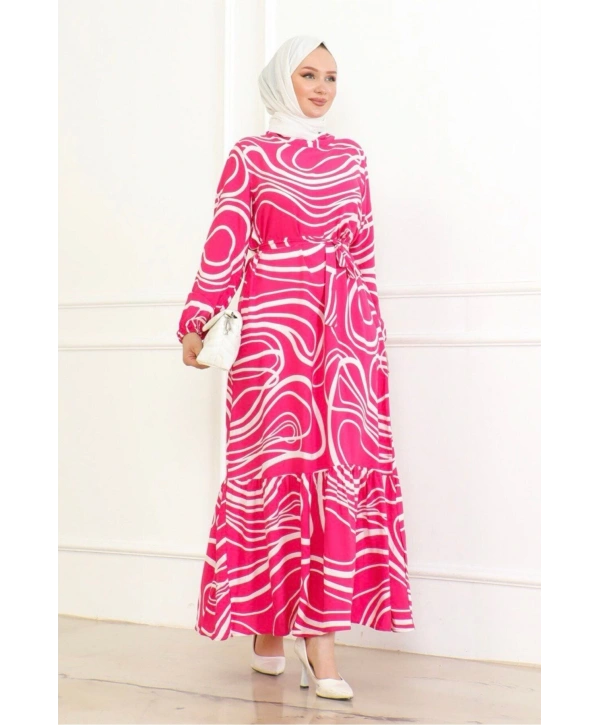 Çizgi Desenli Viskon Elbise - Pembe