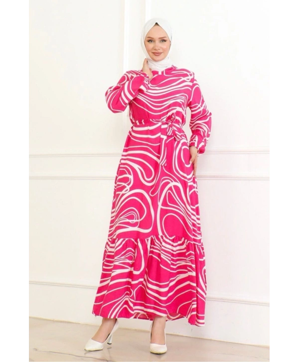 Çizgi Desenli Viskon Elbise - Pembe
