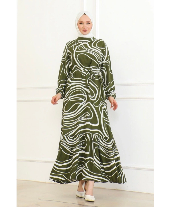 Çizgi Desenli Viskon Elbise - Haki