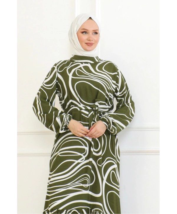 Çizgi Desenli Viskon Elbise - Haki