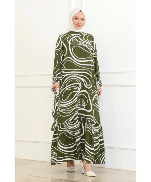 Çizgi Desenli Viskon Elbise - Haki