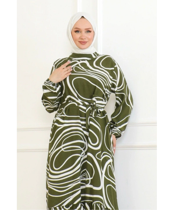 Çizgi Desenli Viskon Elbise - Haki