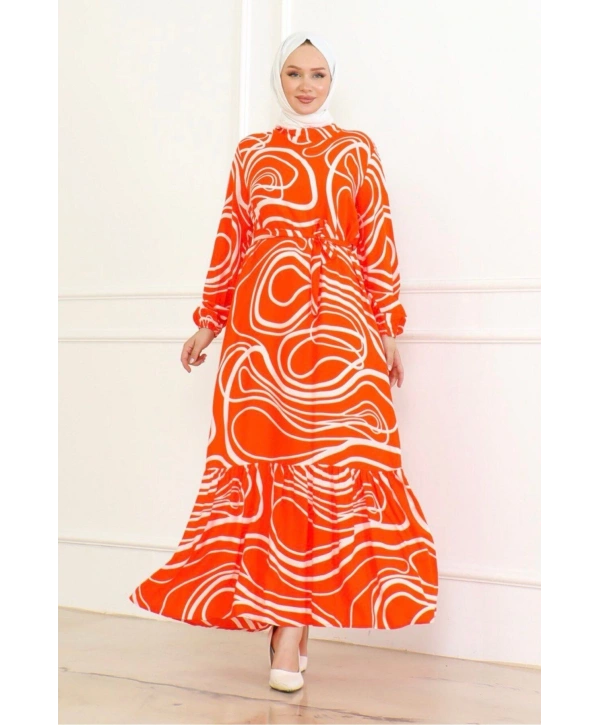 Çizgi Desenli Viskon Elbise - Turuncu