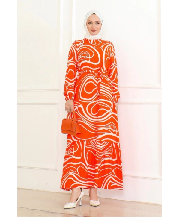 Çizgi Desenli Viskon Elbise - Turuncu