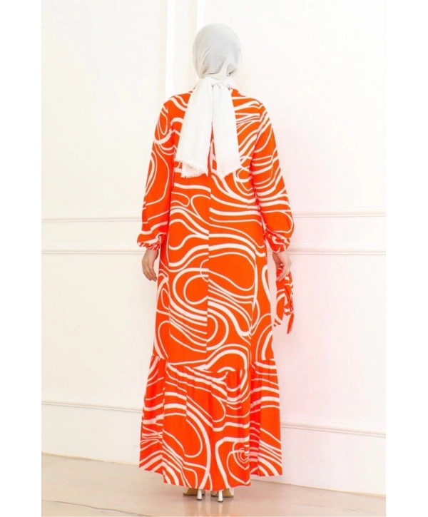 Çizgi Desenli Viskon Elbise - Turuncu