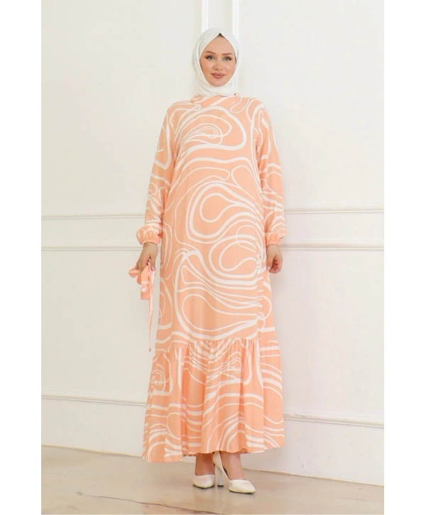 Çizgi Desenli Viskon Elbise - Yavruağzı