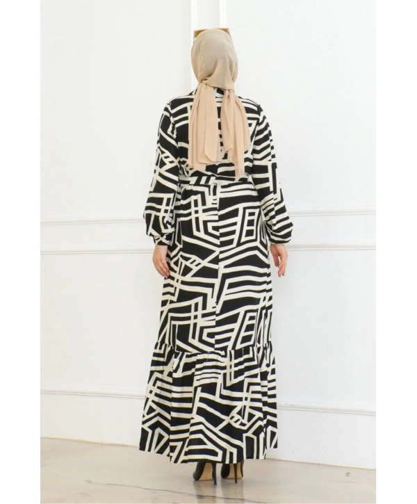 Viskon Çizgi Desenli Elbise - Siyah