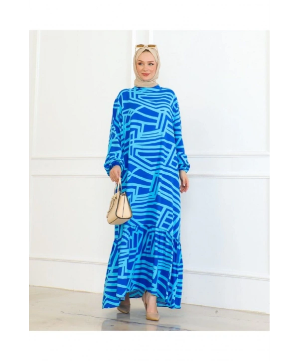 Viskon Çizgi Desenli Elbise - Mavi