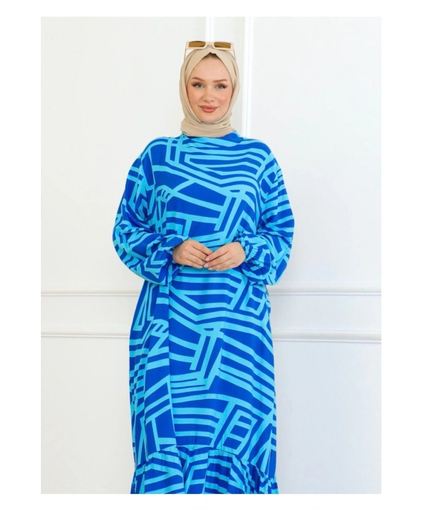 Viskon Çizgi Desenli Elbise - Mavi