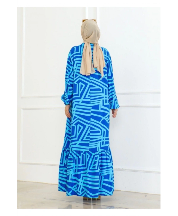 Viskon Çizgi Desenli Elbise - Mavi