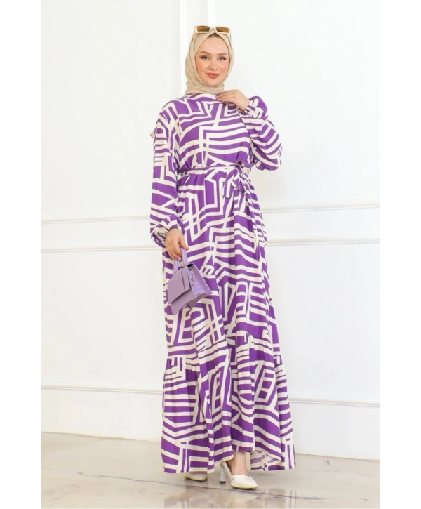 Viskon Çizgi Desenli Elbise - Mor