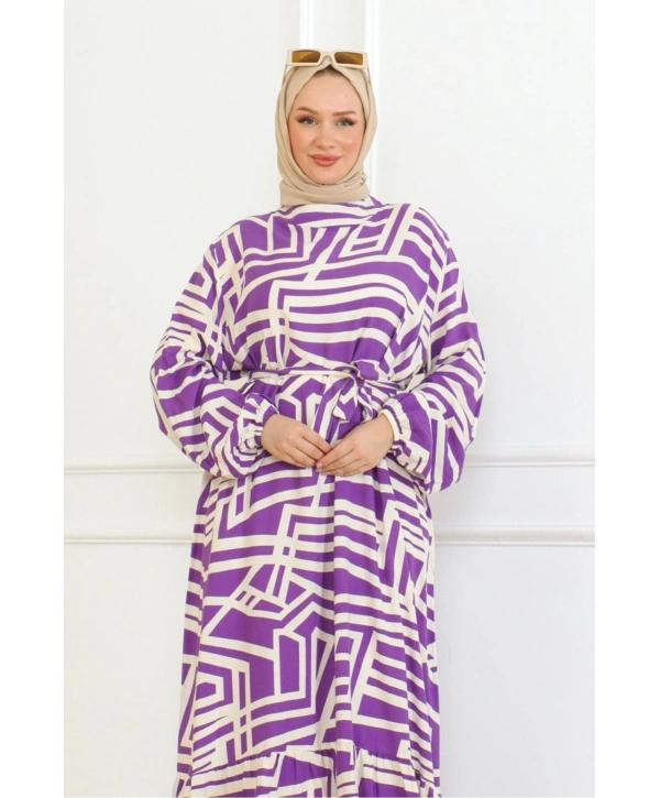 Viskon Çizgi Desenli Elbise - Mor