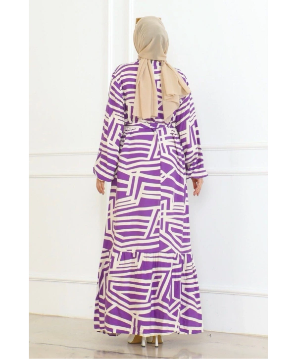 Viskon Çizgi Desenli Elbise - Mor