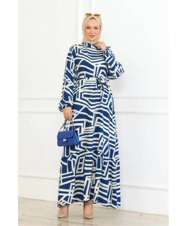 Viskon Çizgi Desenli Elbise - İndigo