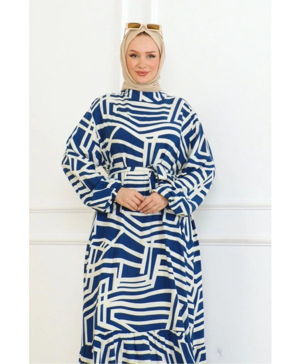 Viskon Çizgi Desenli Elbise - İndigo