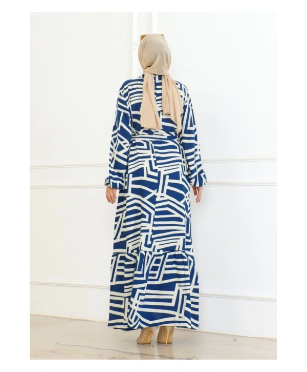 Viskon Çizgi Desenli Elbise - İndigo