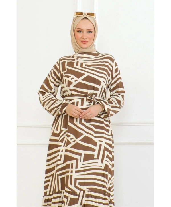 Viskon Çizgi Desenli Elbise - Taba