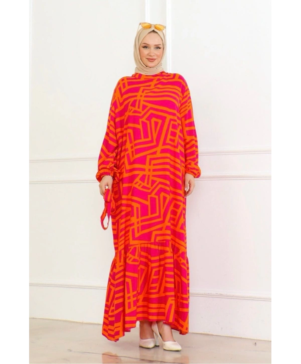 Viskon Çizgi Desenli Elbise - Turuncu