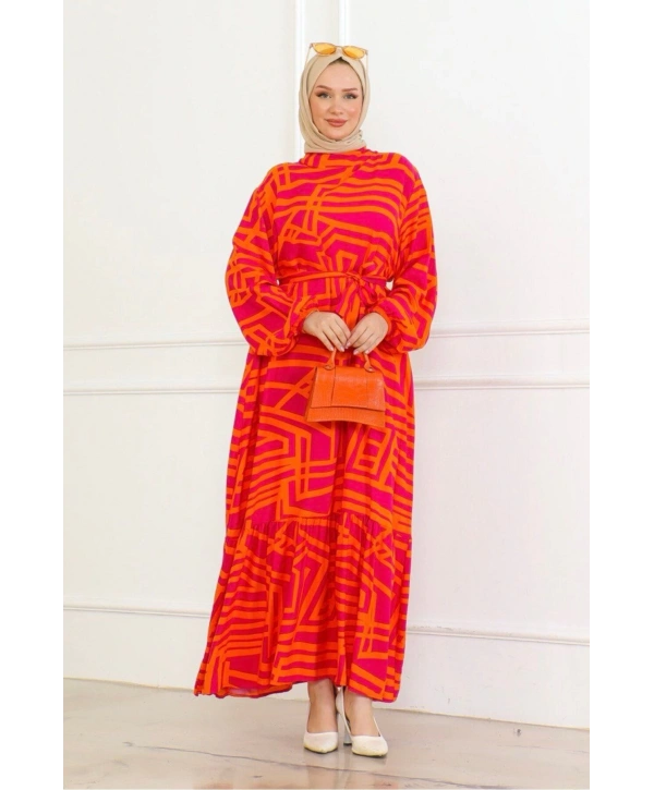 Viskon Çizgi Desenli Elbise - Turuncu