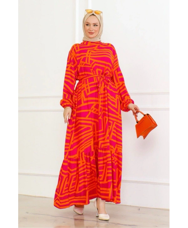 Viskon Çizgi Desenli Elbise - Turuncu
