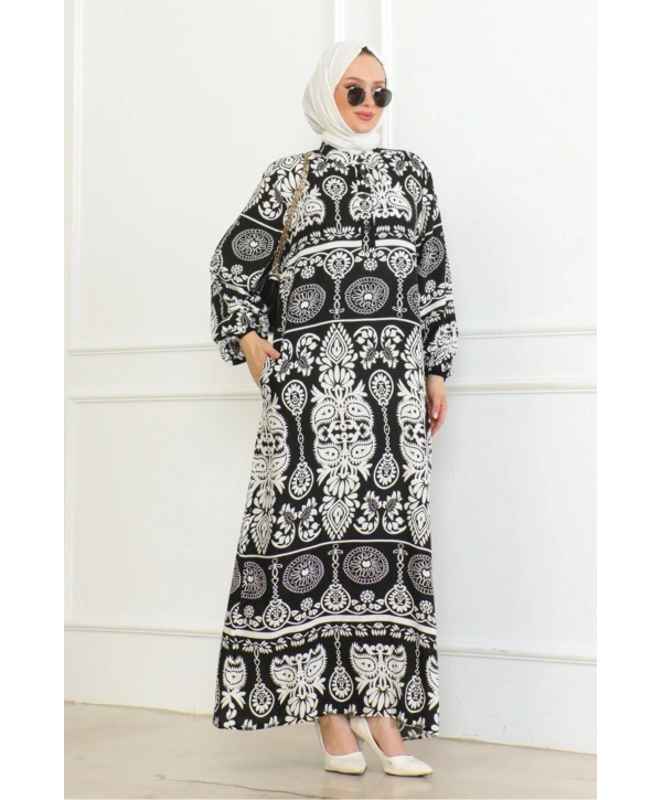 Desenli Viskon Elbise - Siyah