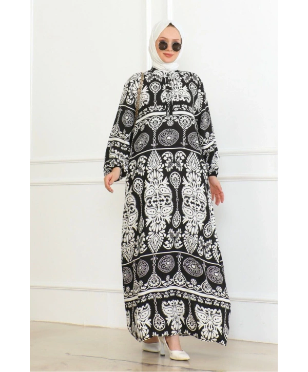 Desenli Viskon Elbise - Siyah