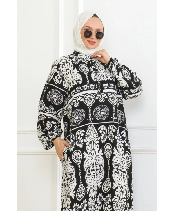 Desenli Viskon Elbise - Siyah