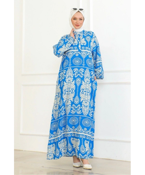 Desenli Viskon Elbise - Mavi