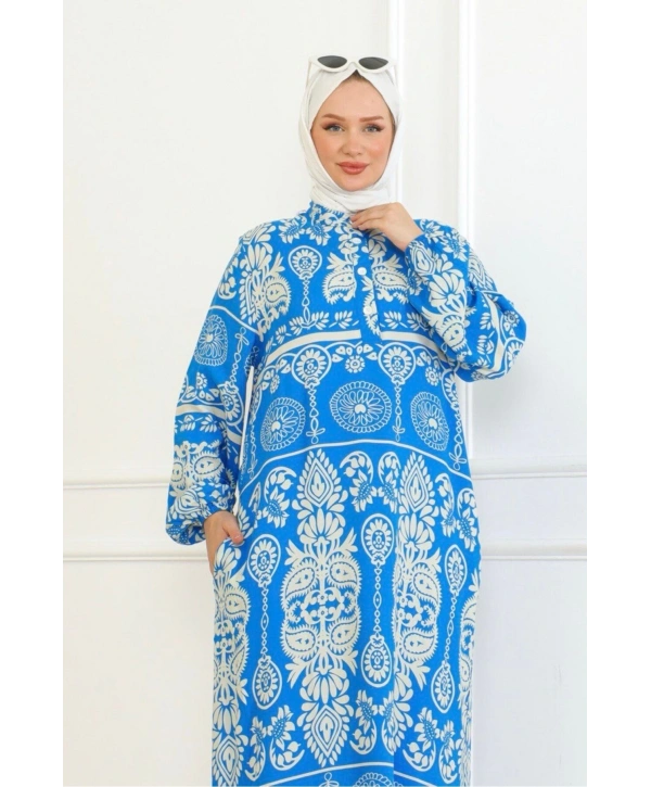 Desenli Viskon Elbise - Mavi