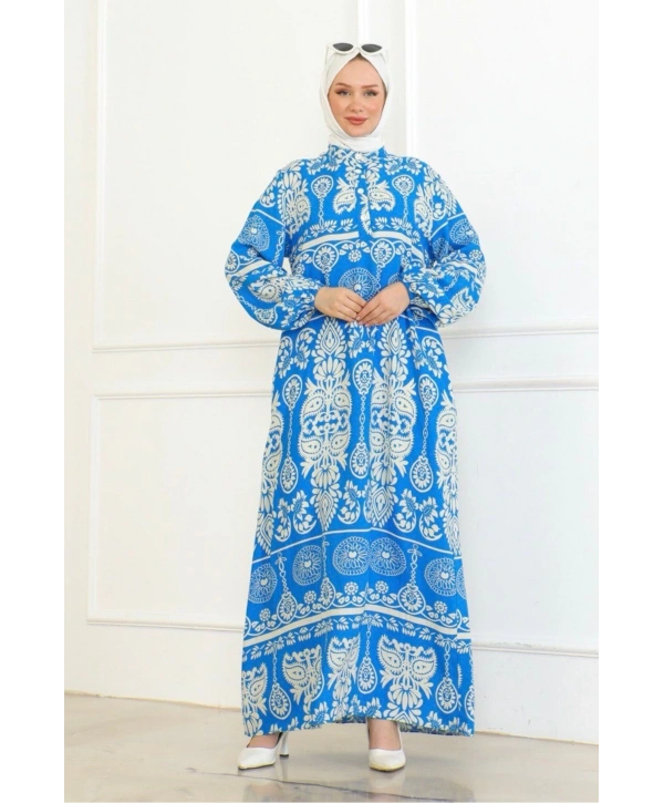 Desenli Viskon Elbise - Mavi