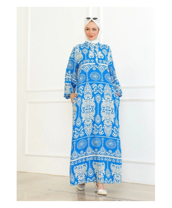 Desenli Viskon Elbise - Mavi