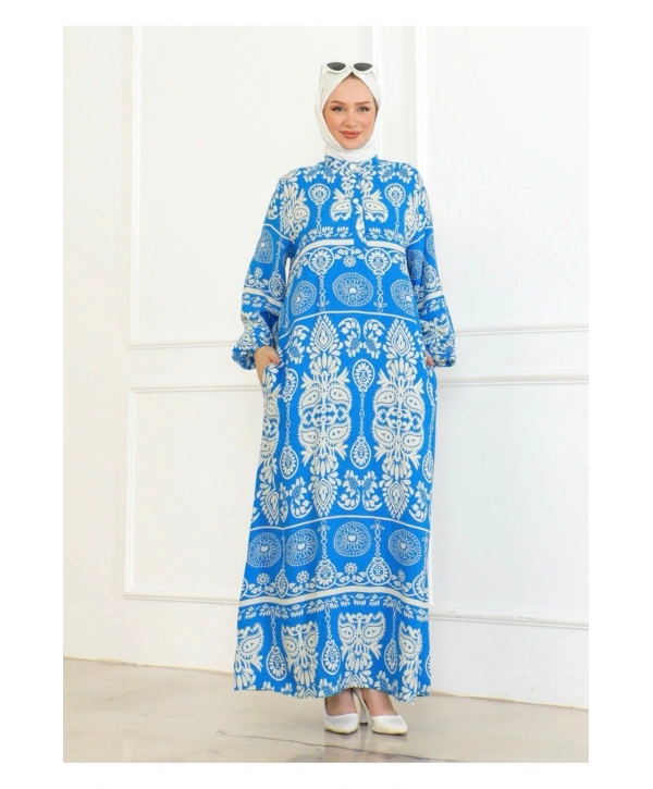 Desenli Viskon Elbise - Mavi
