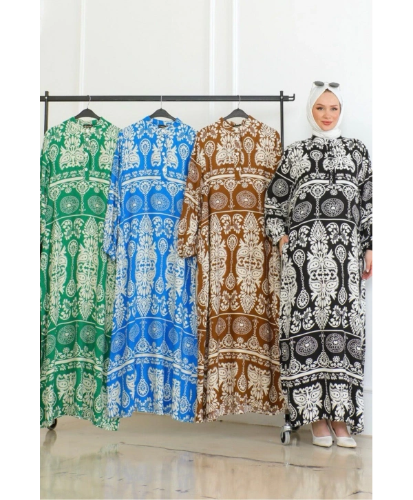 Desenli Viskon Elbise - Mavi