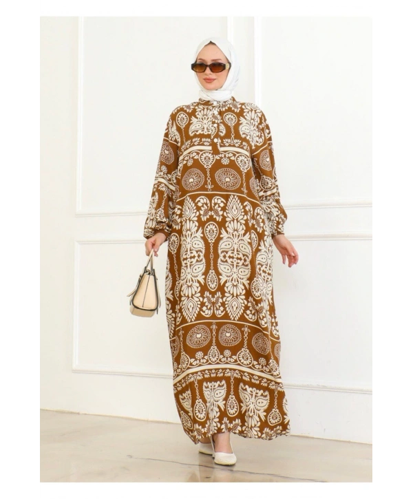 Desenli Viskon Elbise - Taba