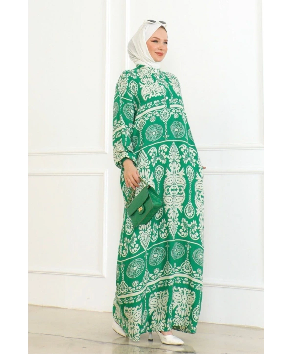 Desenli Viskon Elbise - Yeşil
