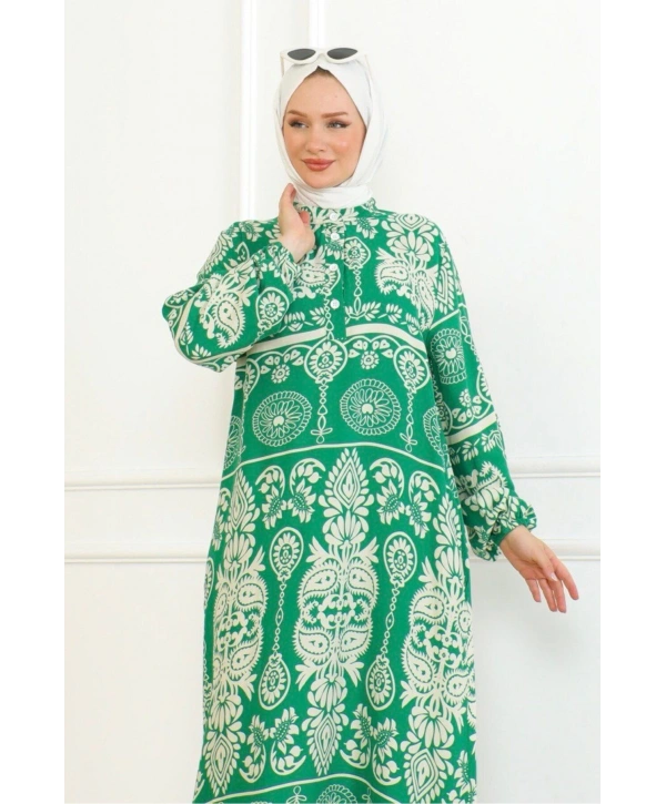 Desenli Viskon Elbise - Yeşil